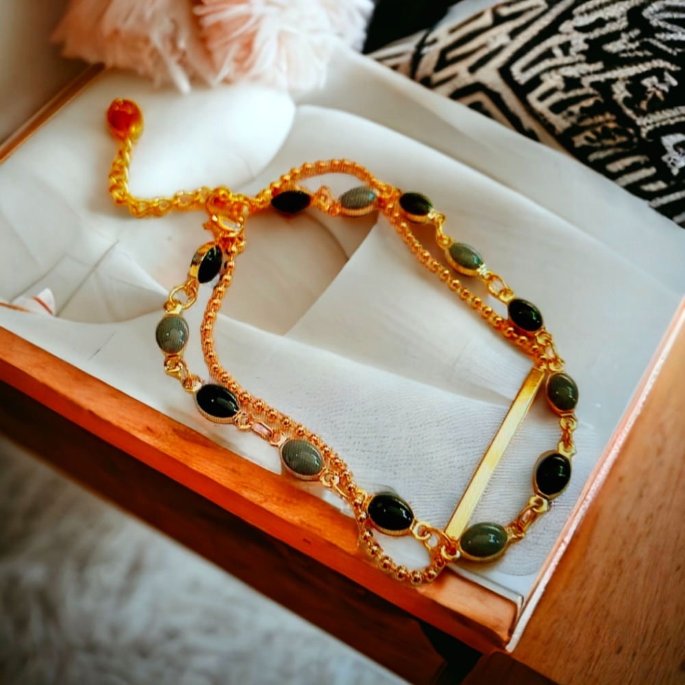 Gold and Green Double Layer Petite French Pearl Bracelet